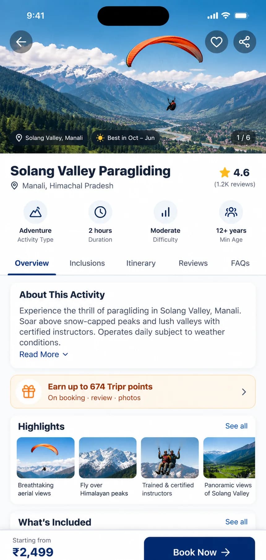 Tripr activity details — Solang Valley paragliding