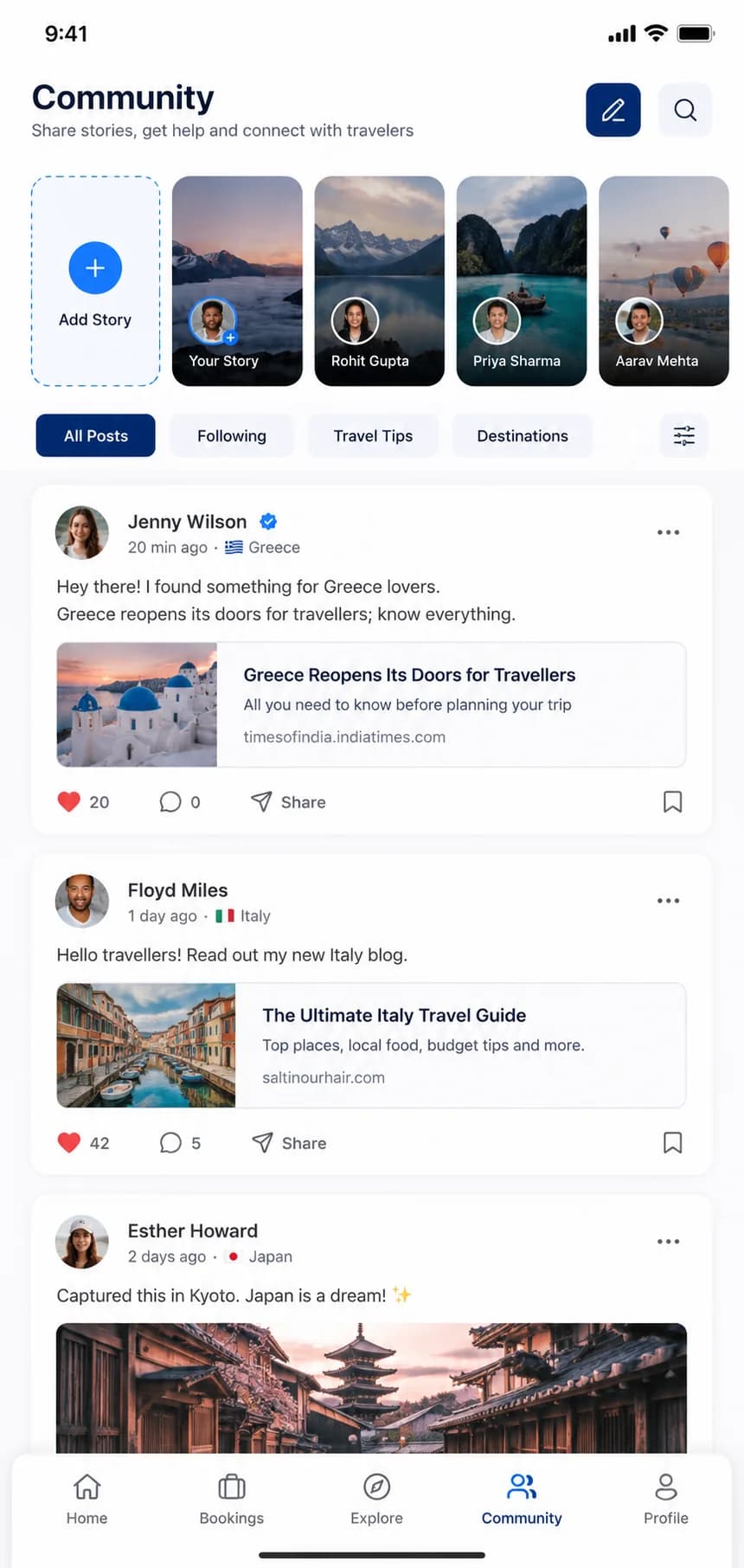 Tripr community feed with stories and posts