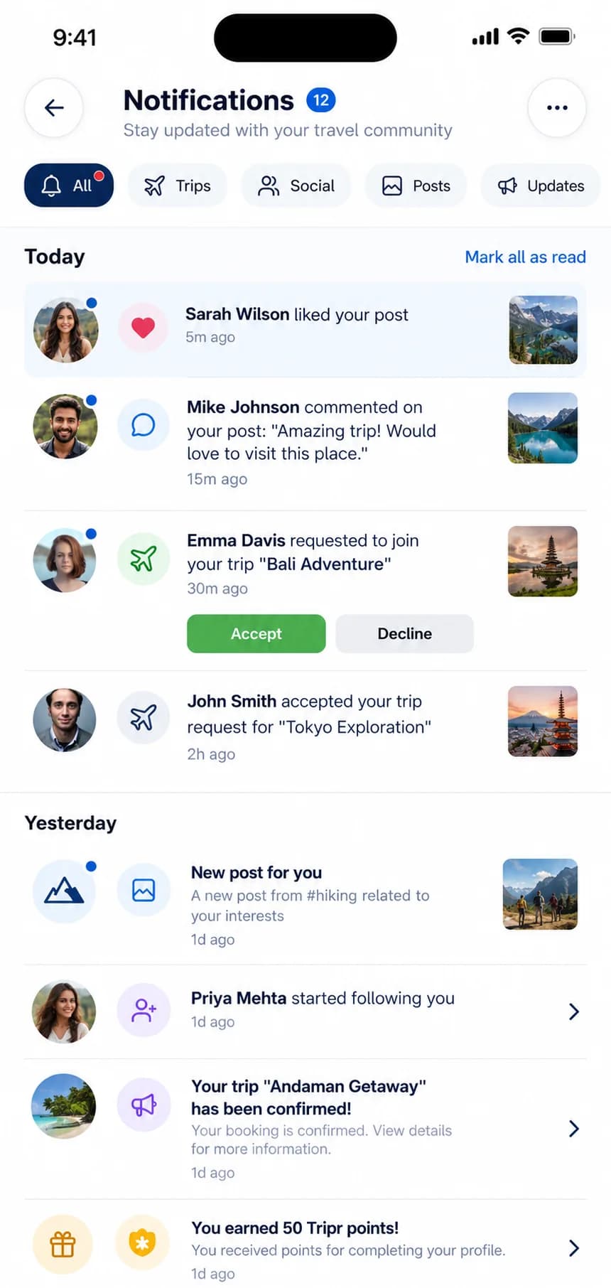 Tripr notifications — trip requests, likes and points